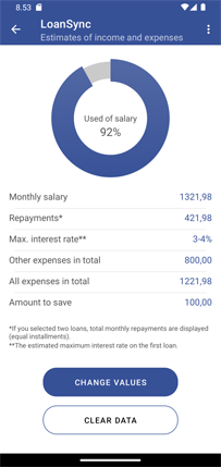 LoanSync lainalaskin Android sovellus. Laske sopiva lainan määrä.
